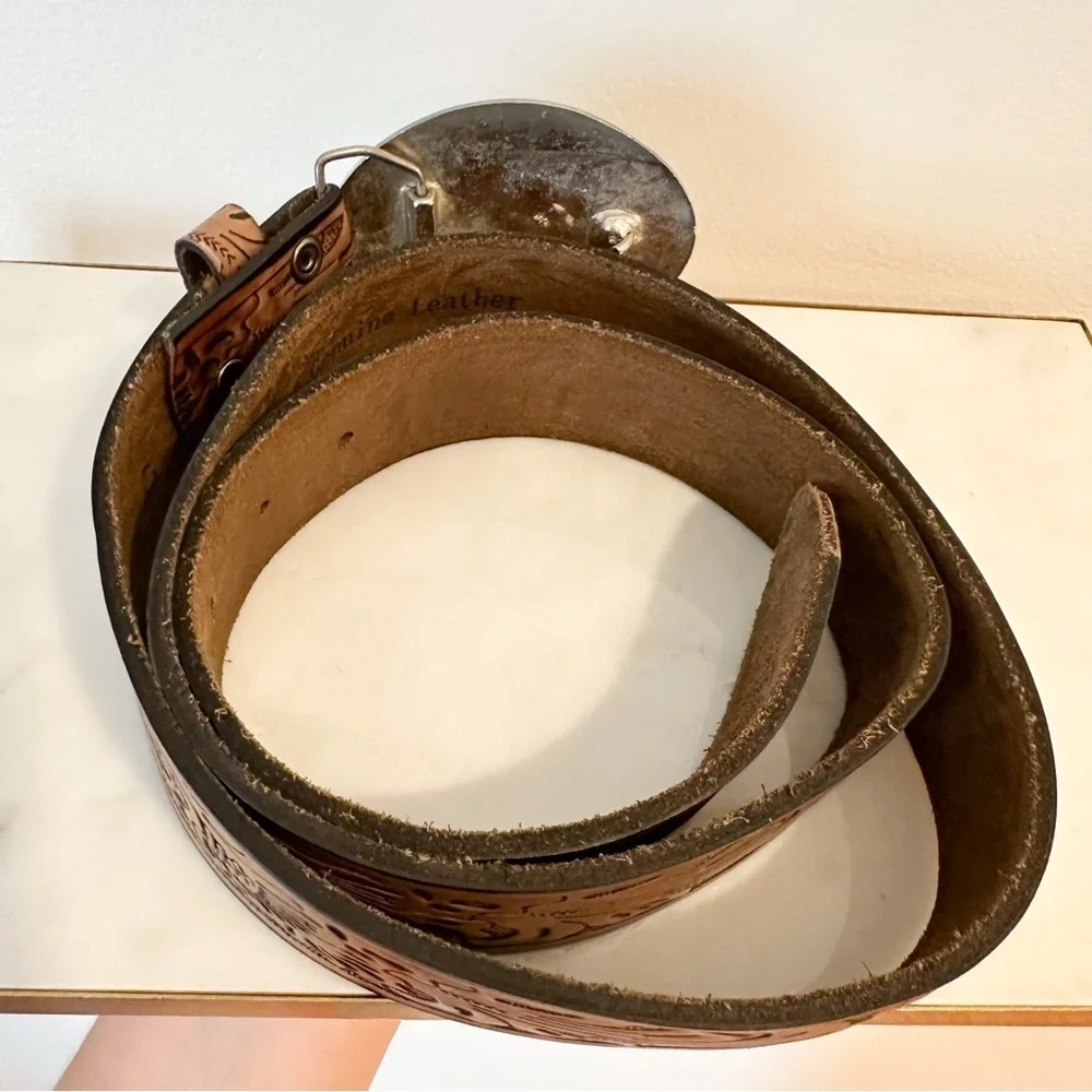 VINTAGE CHAMBERS Tooled Leather Turquoise Silver Buckle south Western Aztec Belt